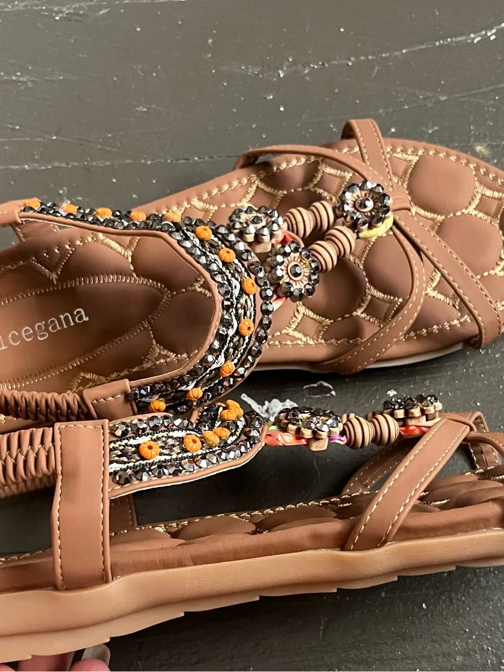 Brown Beaded T-Strap Slingback Sandals